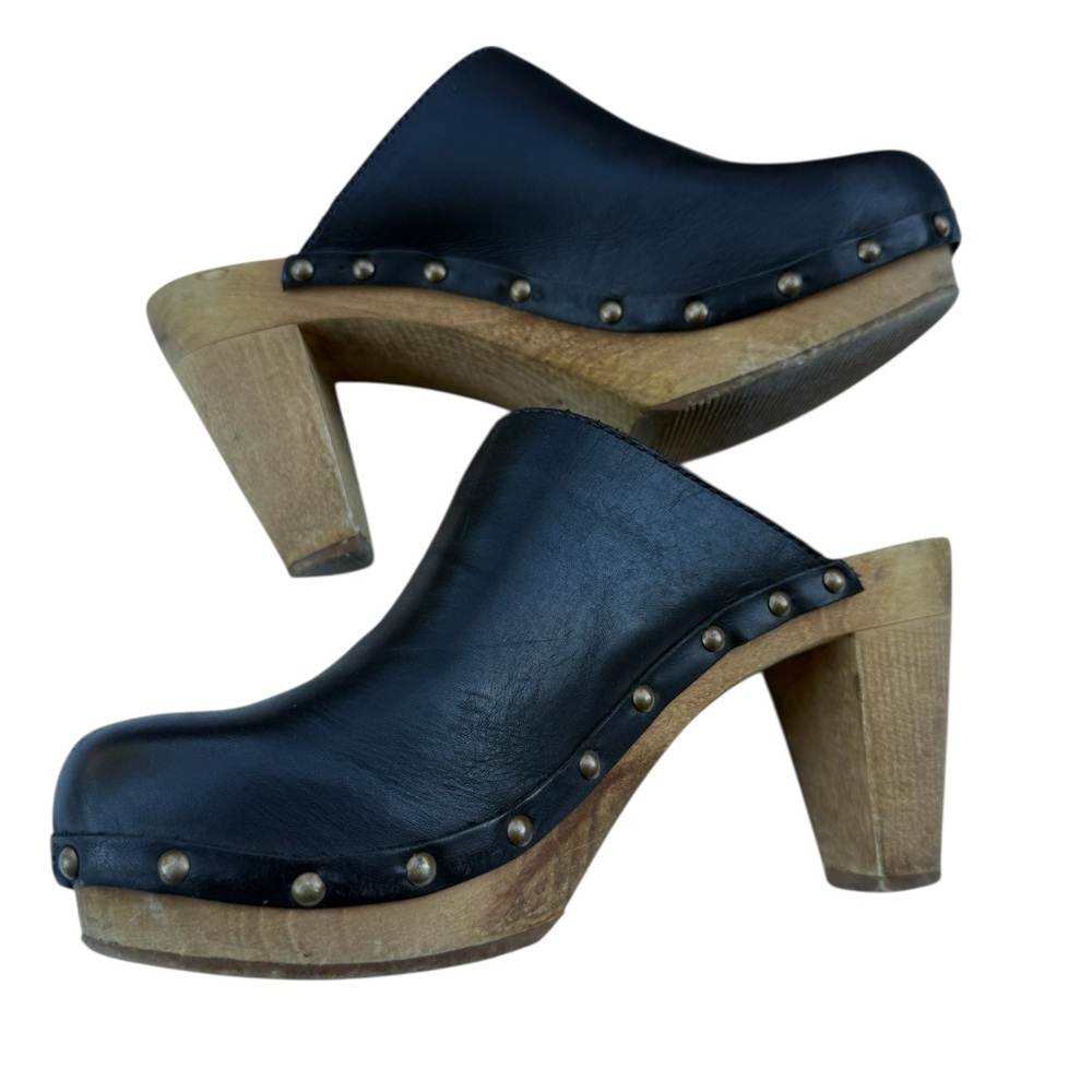 Sanita Black Leather Heeled Clogs with studded accent